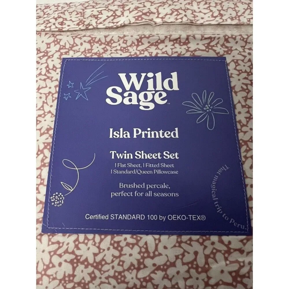 Wild Sage Isla Printed  3 Piece TWIN Sheet Set  Peachskin Pink Floral Design
